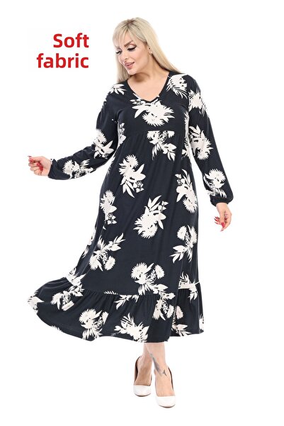 MELSAY Women's Black Winter V Neck White Leaf Pattern Long Sleeve Robe Dress