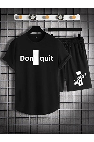 dont quıt Ανδρικό μαύρο 2 τεμαχίων οβάλ κομμένο σορτς και μπλουζάκι DONT QUIT LOGO