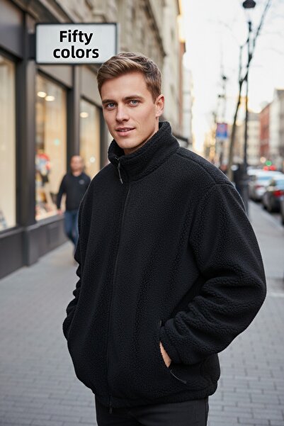 Fifty Color Jachetă neagră de calitate premium, cu guler înalt, cu fermoar, fleece, pluș