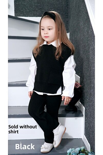 Meriç bebe Set de tricotaje din 3 piese pentru fete la modă, cu bandă de păr, pantaloni, părți deschise și pulovere cu detalii de cravată