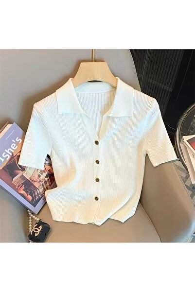 Elysira Γυναικείο T-Shirt Basic Knitwear με χρυσό μεταλλικό γιακά πόλο