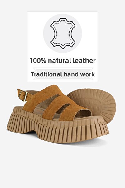 TUNAELLİ Tan Suede Women's Sandals - Genuine Natural Leather, Size 36-41