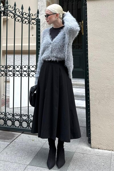 Madmext Black Pleated Pocket Women's Midi Length Skirt Mg2536