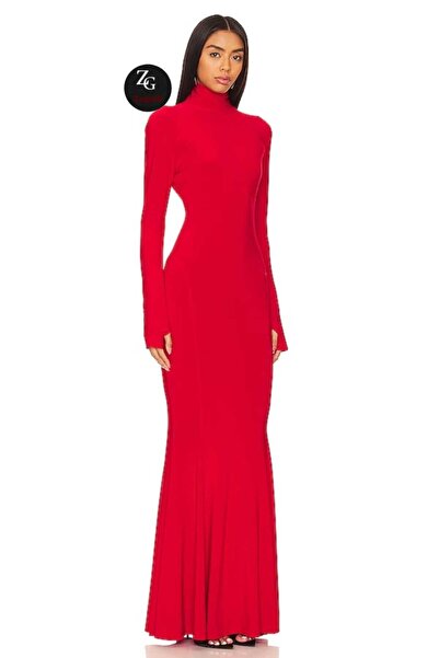 Zagrep Γυναικείο Maxi φόρεμα με κόκκινο δάχτυλο με βολάν από μεταξωτό ζέρσεϊ