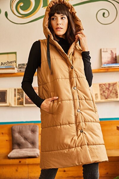 Olalook Women's Milk Coffee Hooded Puffer Vest with Pockets YLK-19000007