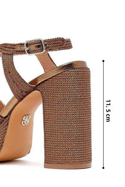 Derimod Women's Bronze Ankle Buckle High Thick Heeled Platform Straw Sandals 25Sfd4433M7