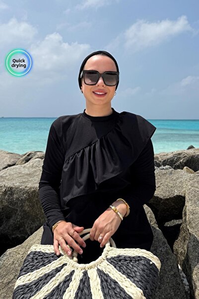 Ka Hijab Frill Detail Full Covered 2-Piece Hijab Swimsuit - Black