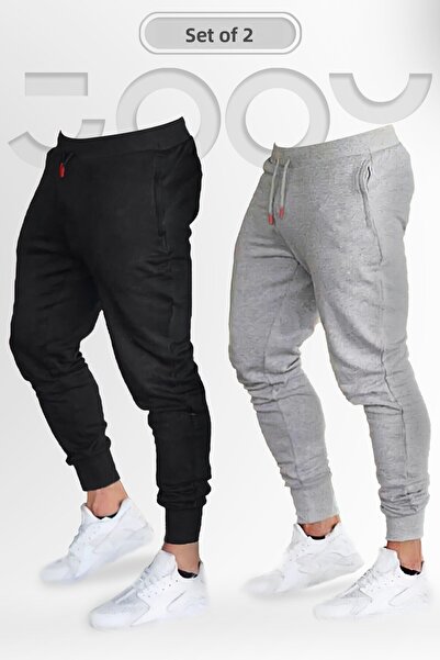 Jooy Company Комплект мъжки спортни панталони, пениран памук, черно-сив, 2 броя