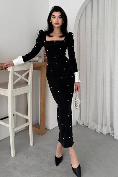 WOMAN VISION Rochie midi neagră pentru femei Çakım Atlas, cu guler pătrat, cu mâneci, design cu manșete 365