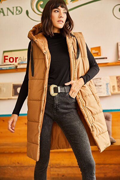 Olalook Women's Milk Coffee Hooded Puffer Vest with Pockets YLK-19000007