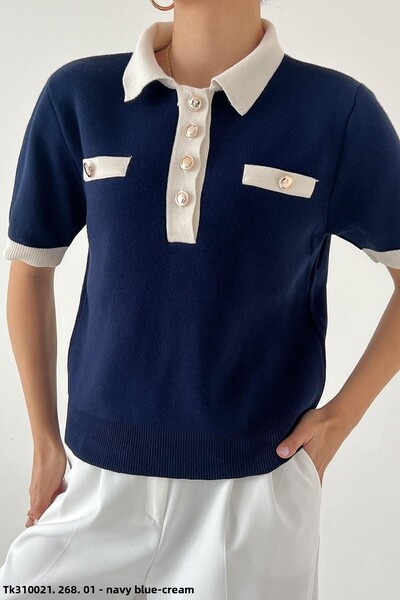 De Pose Γυναικείο πλεκτό με κοντομάνικο εποχιακό λαιμό πόλο μπροστά με κουμπιά