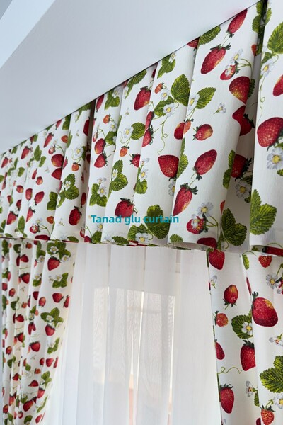 GLOMAR Kitchen Curtain Frequently Pleated 1/3 Strawberry Patterned Colored Cornice Short Background Curtain Modern