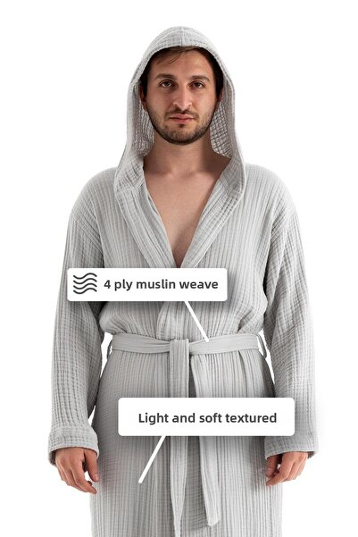 Denizli Concept Hooded 4 Layer Gray Muslin Bathrobe - Unisex 100% Cotton Bathrobe - S/M