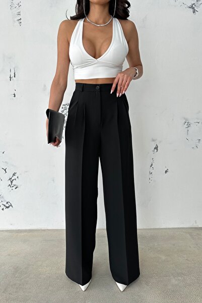 Ortaya Çık Palazzo Fabric Black Pleated Trousers