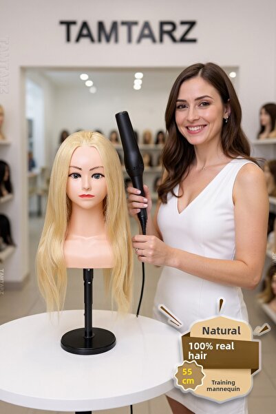 TAM TARZ 100% Real Hair Shoulder Hairdresser Training Mannequin + Table Apparatus / Platinum / 55 cm