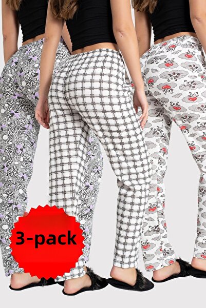 DONEX 3 Pack Two Yarn Fabric Ribbon Waist Detail Printed Women's Sleepwear Bottom Pack Without Pockets