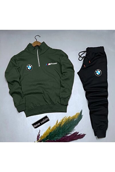 NewCabin Bmw nyomtatott khaki zöld és fekete pamut melegítőnadrág szett 2 darabból