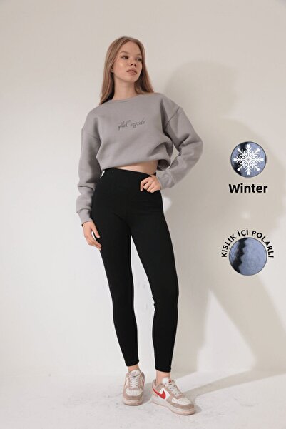 Warasiva Černé interlockové legíny s vysokým pasem a stahovacím korzetem - zimní pletené s fleecem