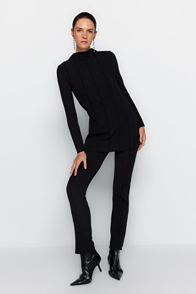 Trendyol Modest Black Knitted Blouse and Trousers Set - Ribbed Detail, TCTAW24US00082