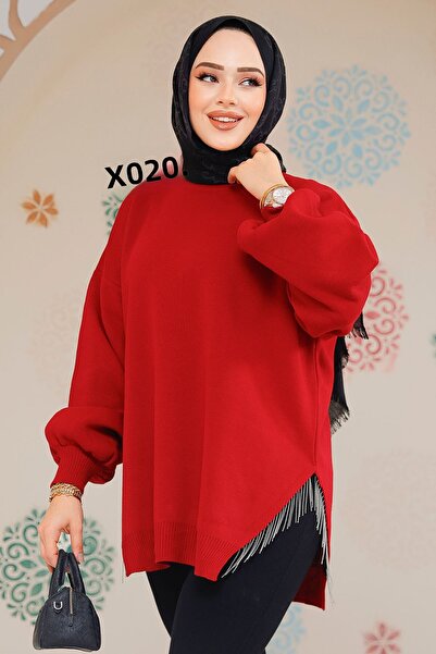 Neva Style Κόκκινο Τουνίκ Πουλόβερ Χιτζάμπ με Λεπτομέρεια Αλυσίδας 17202K