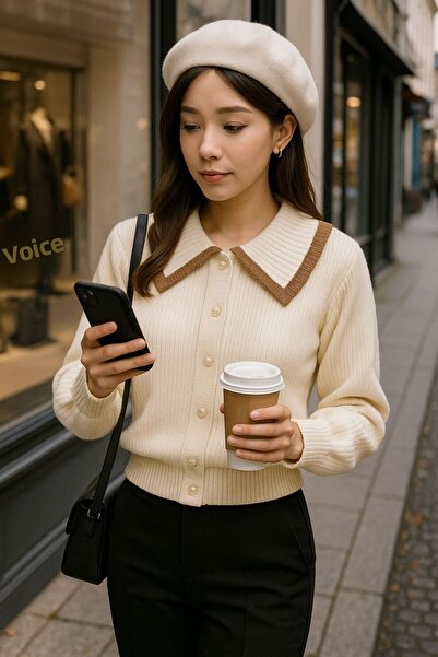 trivvy Κρέμα πλεκτού πουλόβερ με μαλακή υφή με λεπτομέρεια με κουμπιά