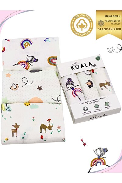 Koala Soft بطانية موسلين - طقم 3 قطع 80x80 سم، قماش موسلين ناعم وقماط من Oeko...