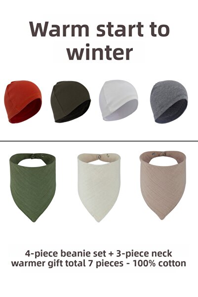 Damla Baby & Kids Cotton Beanie Set of 4 + 3 Neck Collars Gift Soft and Delicate
