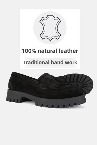 TUNAELLİ Черни велурени мокасини от естествена кожа с пискюли, размер 36-41