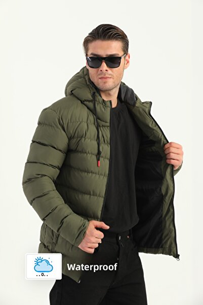 D1fference Men's Khaki Waterproof and Windproof Hooded Winter Inflatable Sports Coat