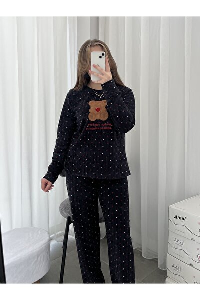 Lena Homewears Černá fleecová pyžamová souprava se vzorem červeného srdce