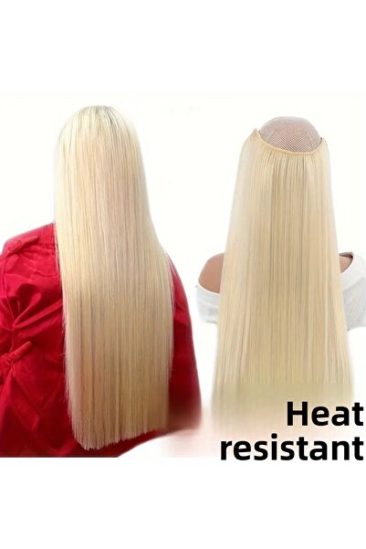 AKOLİFE Postă de păr cu fixare rapidă, galben platină, în formă de semnă de U, cu jumătate de lună - drept - perucă cu jumătate de lună pentru cap complet