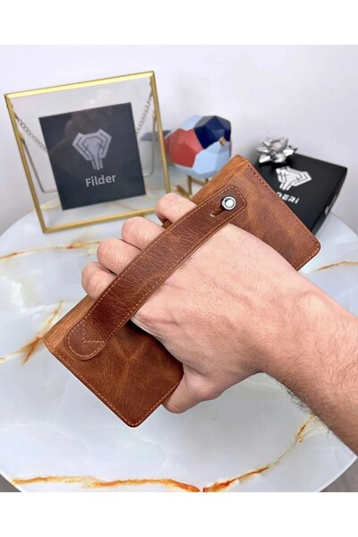 Fil Deri With Phone Compartment - Genuine Leather Wallet - with Magnet and Hand Tape - Hazelnut Color Large Portfolio 2028