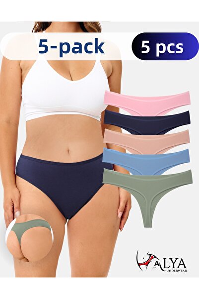 ALYA UNDERWEAR Plus Size Women's Cotton Thong Panties - Pack of 5 Powder Blue Pink Green Navy
