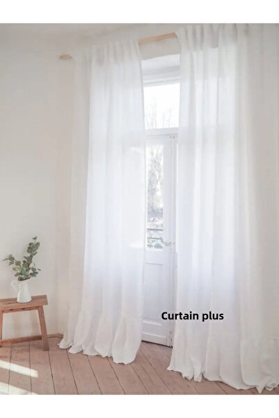 Perdeplus Linen Tulle Curtain White Skirt with Ruffles