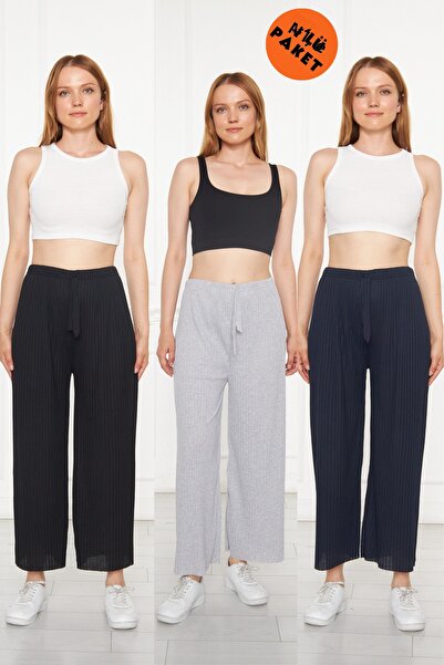 Asel 3-Piece Black - Gray - Smoked Women's Corduroy Comfortable Pants & Tracksuit, Casual Comfortable Home Wear Pajamas