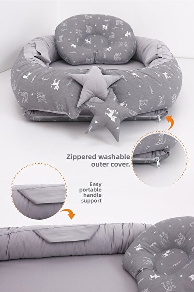Umaybebek Babynest, Baby Sleep Bed 0-2 Years Old - Gray Cat Pattern