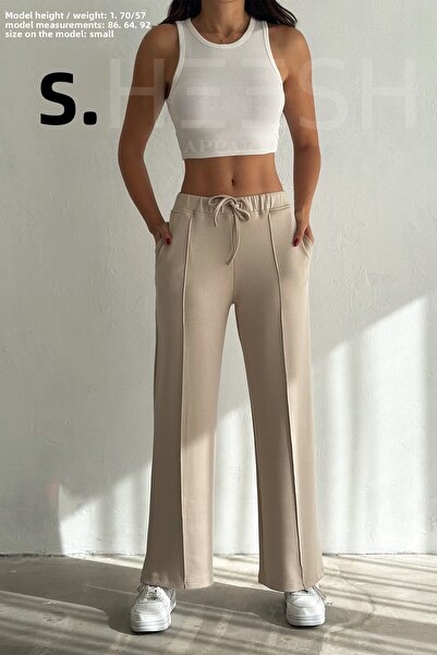 SHEESH APPAREL Φούτερ παντελόνι Palazzo με απαλή υφή μπεζ φαρδύ πόδι Modal