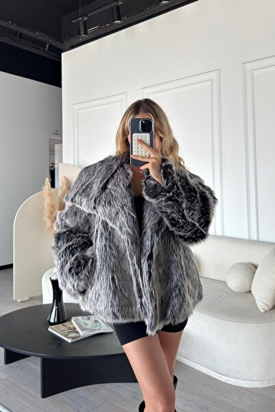 Senarce Krátký kožešinový kabát s měkkou texturou Oversize Grey Melange