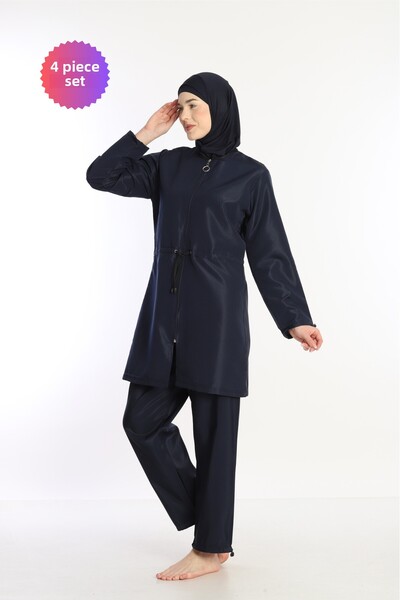 Sonne's Navy Blue 4 Pieces - Full Covered Water Repellent Fast Drying Zippered Parachute Hijab Swimsuit