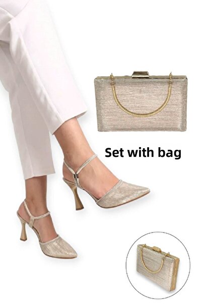 Dira طقم نسائي من أحذية السهرة ذات الكعب العالي بتفاصيل حجرية وحقيبة بتصميم أنيق