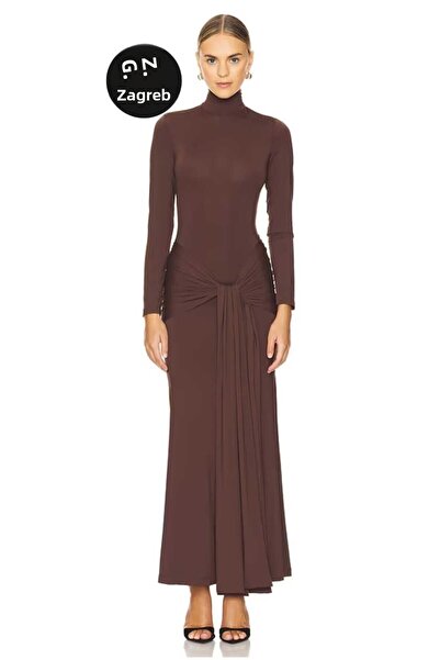 Zagrep Φόρεμα από μεταξωτό ζέρσεϊ με φερμουάρ καφέ - Ζώνη με μισό ζιβάγκο