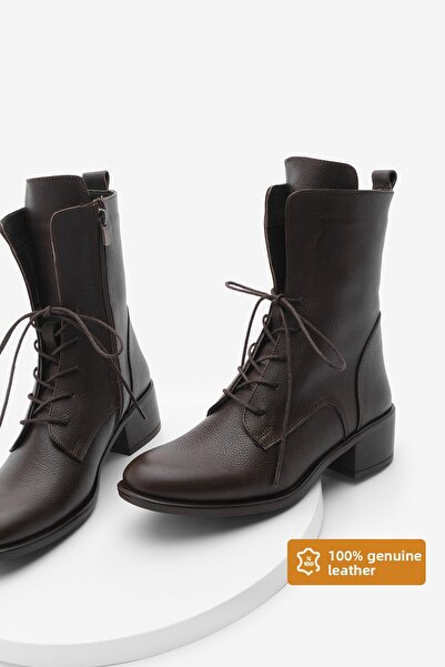 Marjin Dámské kozačky z pravé kůže – šněrování a zip, Mekin Brown Casual Classic