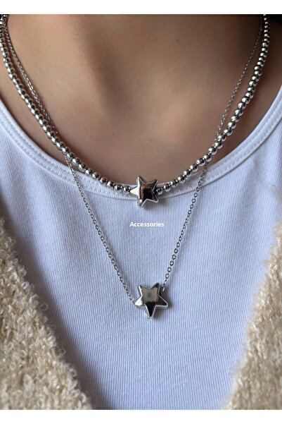 aksesuaris Set of 2 Silver Color Chain and Star Necklace