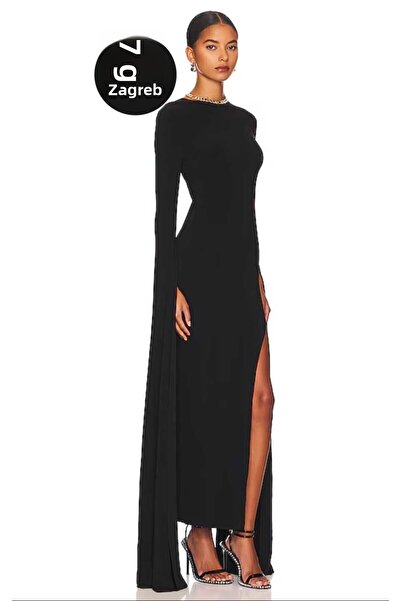 Zagrep Γυναικείο μαύρο μάξι φόρεμα με μανίκια με σκίσιμο πίσω φόρεμα από μεταξωτό χαμηλού κοψίματος