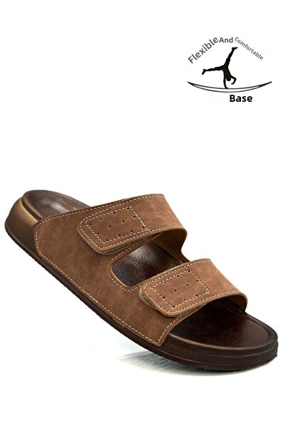 Moda Anna Διπλή πόρπη ρυθμιζόμενο πλάτος Ευέλικτο άνετο δερμάτινο ανδρικό παντόφλες 25103 C Tan