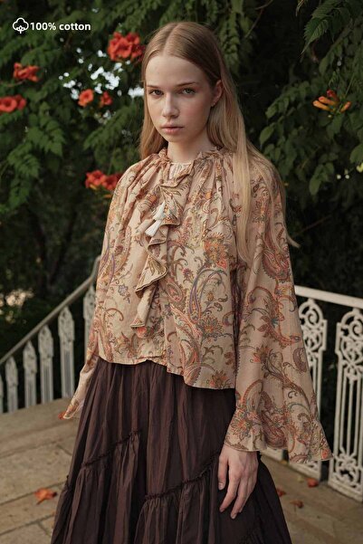 Hooopstore Ethnic Pattern Cotton Voile Milk Coffee Blouse