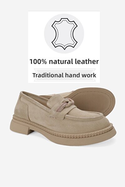 TUNAELLİ Бежов велур - Дамски обувки Loaker от естествена кожа, размер 36-41