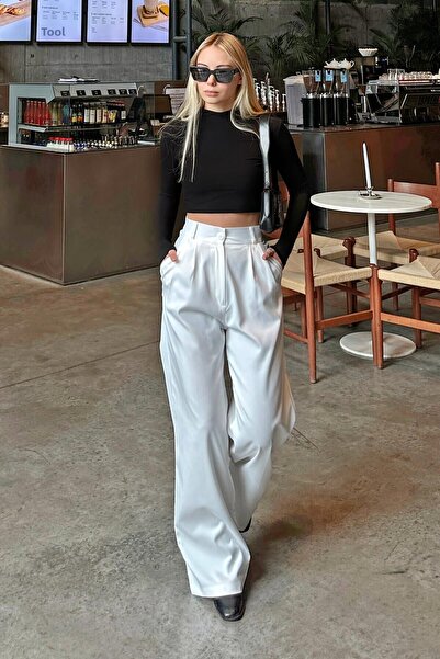 Swist Bílé dámské kalhoty Hera s elastickou kapsou v pase Palazzo