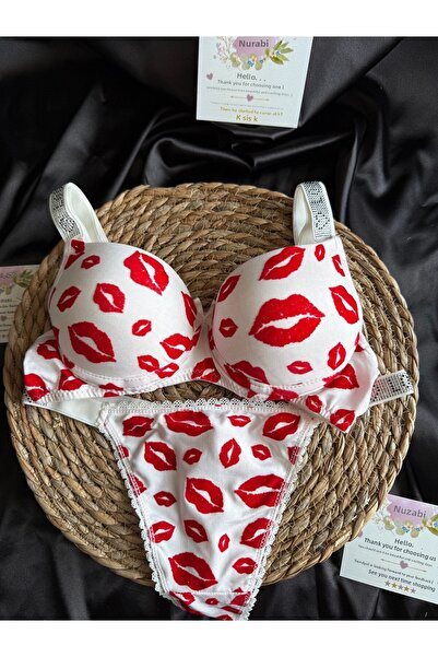 Nuzabi Set de sutien cu model de buze cu sârmă umplută, alb și roșu Kiss