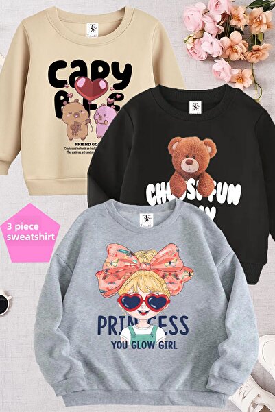 twins tailors Φούτερ για κορίτσια με στάμπα Capybara And Princess Girl σε γκρι-μαύρο-μπεζ τριπλό λαιμόκοψη